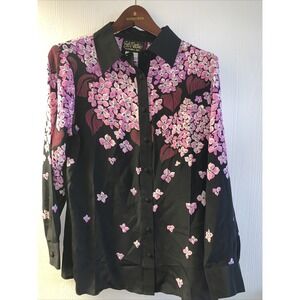 Bob Mackie Wearable Art Silk Floral Button Shirt Blouse Beaded Sequins Top Sz XS